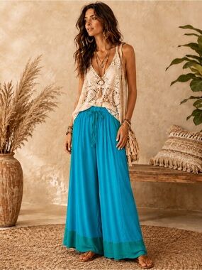 🌸POL S Turquoise Wide-Leg Drawstring Pants P005